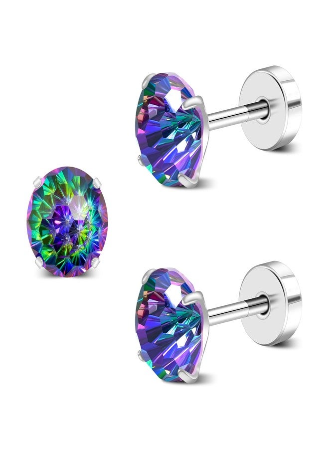 ZDE Titanium Women Flatback Earrings AAAA+ Cubic Zirconia Silver CZ Simulated Diamond Earrings Stud Hypoallergenic Cartilage Earring Piercing Jewelry 6mm (Colorful CZ, 6MM) - Image 1